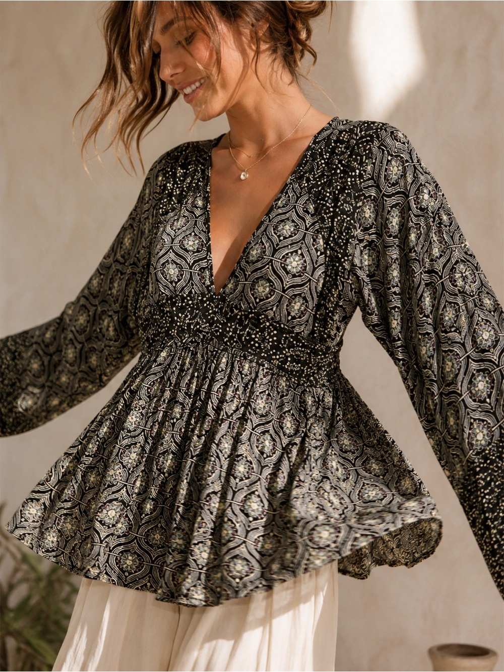 Free People Rolling Hills Tunic Empire Waist Babydoll Boho Blouse Medium